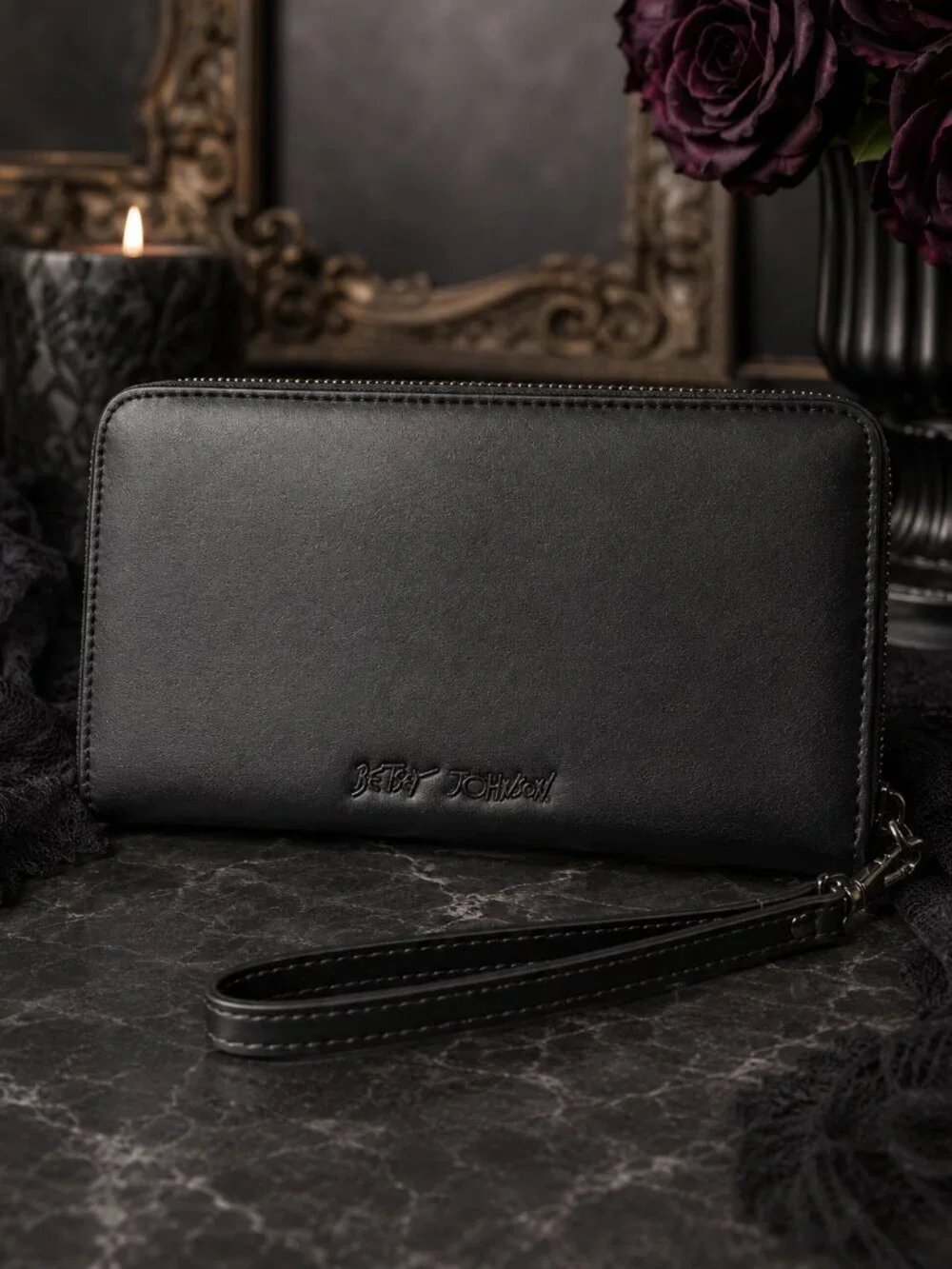 Betsey Johnson Black Spider Zip Around Wristlet Wallet NWT